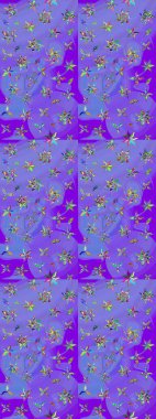 Raster Illustrasyon 'daki Çiçek Deseni' nin son moda çizimi. Mor ve mavi renkte çiçekler. Renkli Yaz Temalı eskiz kalıbı. Düz Çiçek Elementleri Tasarımı.