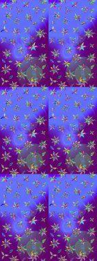 Elle çizilmiş çiçek desenli Raster çizimi. Tekstil, kumaş, ambalaj, hatıra defteri için hoş bir çiçek arkaplanı. Çocuksu tasarım. Mor ve mavi arka planda.