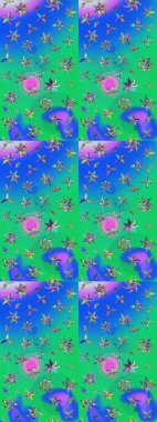 Suluboya elle çizilmiş çiçek desenli eskiz deseni. Parlak renkli fantezi çiçekleri, yapraklar, mavi ve yeşil renkli tomurcuklar.