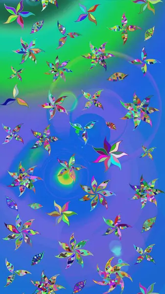 Raster illüstrasyonu. Yumuşak, bahar çiçekleri mavi ve yeşil renklerde. Çiçek ve yapraklı karalama şeklinde Raster çiçek deseni.