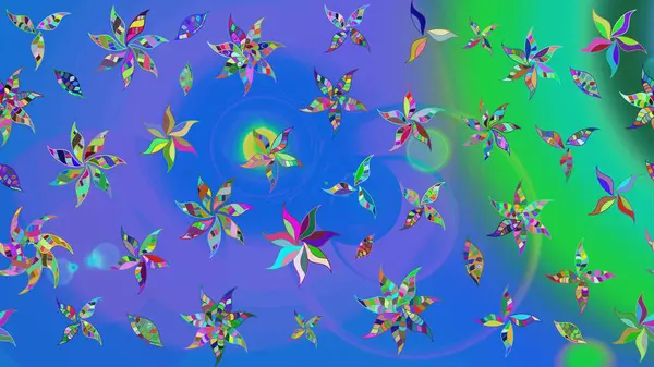 Çok mavi ve yeşil zarif küçük çiçekler ve mavi ve yeşil renkli komik böcekler, raster desen, illüstrasyon.