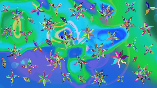 Çiçekli yumuşak bir eskiz şekli. Raster illüstrasyonu. Yumuşak, bahar çiçekleri mavi ve yeşil renklerde. Raster çiçekleri klasik tarzda resmedilir..