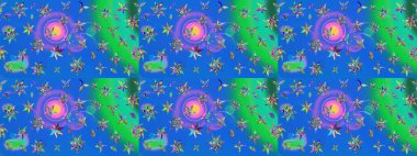 Raster düz çiçek çizim deseni. Hediye ambalaj kağıdı, tebrik kartları, posterler ve pankart tasarımı. Mavi ve yeşil renkte çiçekler.