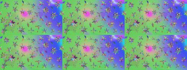 Elle boyanmış suluboya resim çizimleri, çiçekler ve bitkiler. Yeşil ve mor renkte çiçekler.