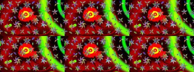 Çiçekler. Soyut etnik raster çizim kalıbı. Vadinin çiçekleri kırmızı ve yeşil renklerde.