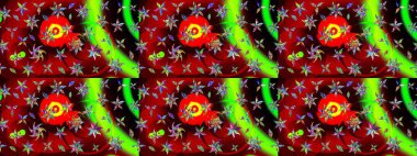 Çiçekler. Soyut etnik raster çizim kalıbı. Vadinin çiçekleri kırmızı ve yeşil renklerde.