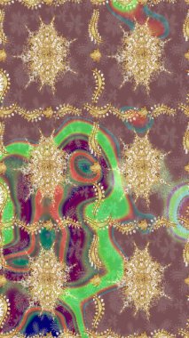 Hassas altın deseni açın. Raster. Altın desenli bukleler çiz. Mor renkli ve altın elementli eskiz deseni. Parlak dantel, stilize çiçekler, şal desenli. Doğu tarzı arabesk.