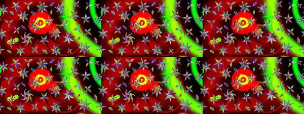 Çiçekler. Soyut etnik raster çizim kalıbı. Vadinin çiçekleri kırmızı ve yeşil renklerde.