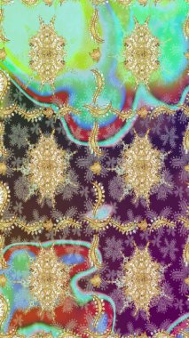 İslam tasarımı. Raster altın tekstil baskısı. Altın elementlerle nötr renklerde altın desen. Çiçek kiremitleri. Çizim desenli oryantal süs.