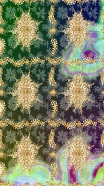 Kraliyet lüksü, altın barok kumaş rengi eskiz. Raster eskiz deseni altın antika ortaçağ dekoratifi, yapraklar ve yeşil renkli altın desenli süslemeler..