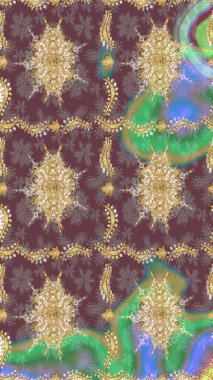 Kraliyet lüksü, altın barok kumaş rengi eskiz. Raster eskiz deseni altın antika çiçekli ortaçağ dekoratifi, yapraklar ve kahverengi renkli altın desenli süslemeler..