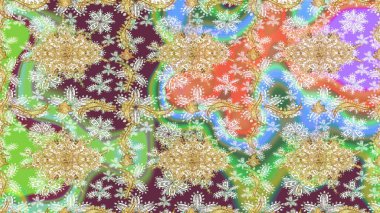 Raster illüstrasyonu. Tekrarlayan elementlerle soyut arkaplan oluşturun. Tarafsız renkler ve altın elementler üzerine altın eskiz deseni. Sketch damask klasik altın desen.