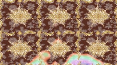 Raster illüstrasyonu. Süslü dekorasyon. Damask altın soyut çiçek deseni kahverengi renkler üzerine çizim.