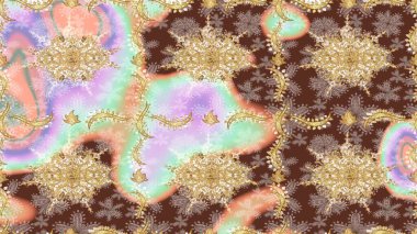 Altın elementlerle nötr renklerde altın desen. Süslü raster dekorasyonu. Barok biçiminde duvar kağıdı tasarımı için şablon çizimi arkaplanı.