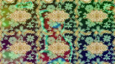 Arkaplan, kumaş, altın duvar kağıdı. Altın elementlerle yeşil renklerde altın desen. Raster Golden eskiz kalıbı. Düz elle çizilmiş vintage koleksiyonu.