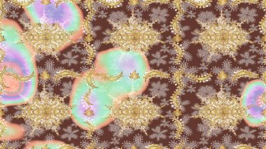 Raster altın çiçek süsü brokar kumaş ve cam desenli. Altın şablonu çiz. Çiçek desenli altın metal. Altın elementli kahverengi renkler.