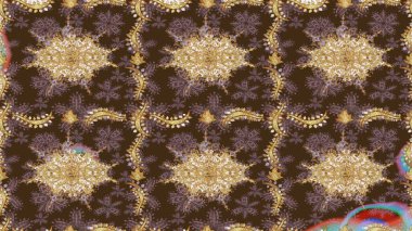 Hassas altın deseni açın. Parlak dantel, stilize çiçekler, şal desenli. Raster sanatı. Altın desenli bukleler çiz. Kahverengi renkli ve altın elementli eskiz deseni. Doğu tarzı arabesk