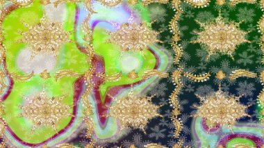 Geleneksel oryantasyon süsü. Klasik klasik klasik arka plan. Klasik Raster Golden eskiz kalıbı. Yeşil renkler ve altın elementler üzerine çizim deseni.