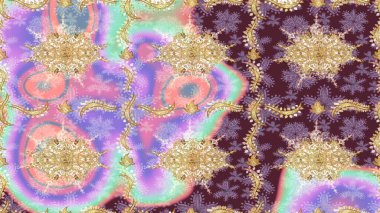 Tarafsız renklerde altın element. Doku arka planında altın duvar kâğıdı. Barok tarzında altın çiçekli süs. Damask çizimi yinelenen arkaplan.