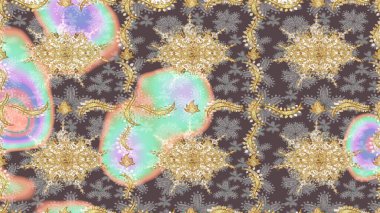 Kahverengi renklerde altın desenler ve altın elementler. Barok tarzında duvar kâğıdı tasarımı için eskiz şablonu arka planı. Süslü raster dekorasyonu.