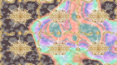 Damask çizimi tekrarlanıyor. Doku arka planında altın duvar kâğıdı. Barok tarzında altın çiçekli süs. Tarafsız renklerde altın element.