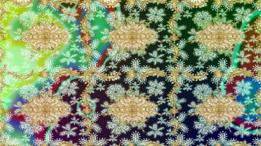 Raster soyut çiçek çelengi altın karalama fantezi yaprakları ve tarafsız renklerde çiçek. El yapımı dekoratif çerçeve, albüm kapağı, tebrik kartı, klasik Art deco tarzı.