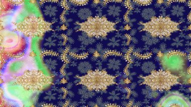 Tekrarlayan elementlerle soyut arkaplan oluşturun. Klasik altın desenli eskiz. Altın elementli mavi renklerde altın eskiz deseni. Raster illüstrasyonu.