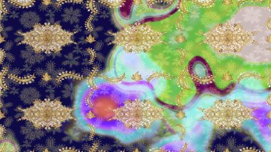 Klasik Raster Golden eskiz kalıbı. Çiçek süsü kumaş deseni, cam, çiçek desenli altın elementli, nötr renklerde metal..