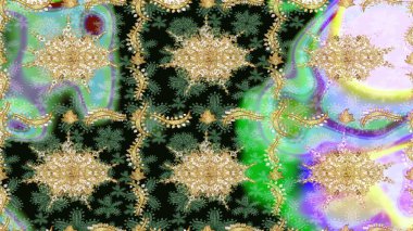 Altın elementli yeşil renklerde altın eskiz deseni. Noel, kar tanesi, yeni yıl. Yeşil renklerde altın elementli eskiz kalıbı.