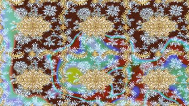 Barok tarzında altın çiçekli süs. Tarafsız renklerde altın element. Damask arkaplanı. Altın çiçekli çizim şekli.