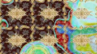 Altın şablon. Klasik çiçek dokusu. Kahverengi renkte Royal retro. Raster illüstrasyonu. Eskiz kalıbı altın elementler. Kart, duvar kağıdı, ambalaj, tekstil için klasik tasarım.