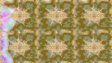 Kahverengi renklerde altın desenler ve altın elementler. Süslü raster dekorasyonu. Barok biçiminde duvar kağıdı tasarımı için şablon çizimi arkaplanı.