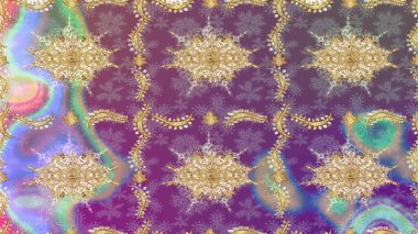 Mor renklerde altın desenli, altın elementli. Raster geleneksel oryantasyon süsü. Klasik altın deseni çiz.