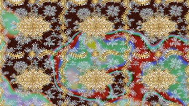 Tasarım için Damask çizim kalıbı. Kahverengi renklerde altın elementlerle Raster çizim deseni.