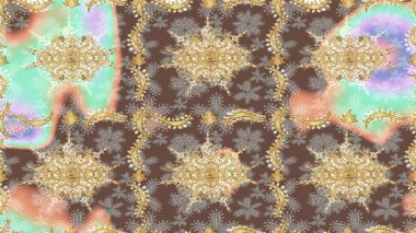 2019 Noel 'i, kar tanesi, yeni yıl. Kahverengi renkli ve altın elementli klasik eskiz deseni.