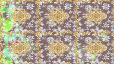 Tarafsız renkler üzerine geleneksel Arapça dekor. Duvar kâğıdı için altın süslü bir illüstrasyon. Doğu tarzında klasik tasarım öğesi. Süslü dantel iz sürücü. Çiçek süslemeli Raster eskiz deseni.