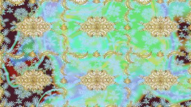 Raster illüstrasyonu. Kart, duvar kağıdı, ambalaj ve tekstil için klasik tasarım. Altın şablon. Eskiz kalıbı altın elementler. Tarafsız renklerde Royal retro. Çiçeksel klasik doku.