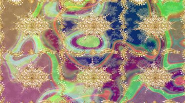 Altın elementlerle nötr renklerde altın desen. Eskiz desenli oryantal süs. Raster altın tekstil baskısı. Çiçek kiremitleri. İslam tasarımı.