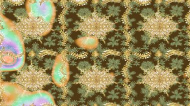 Klasik klasik klasik arka plan. Raster illüstrasyonu. Klasik Raster altın desenini çiz. Geleneksel oryantasyon süsü. Kahverengi renklerde altın elementlerle çizim deseni.