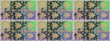 Raster altın tekstil baskısı. Kusursuz desenli oryantal süs. İslam tasarımı. Çiçek kiremitleri. Altın elementlerle gri renklerde altın desen.