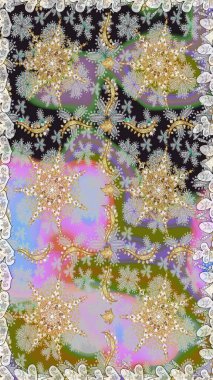 Süslü dantel iz sürücü. Tarafsız renkler üzerine geleneksel Arapça dekor. Çiçekli süslemeli, pürüzsüz bir desen. Doğu tarzında klasik tasarım öğesi. Duvar kağıdı için altın süslü illüstrasyon.