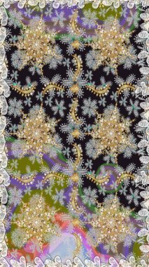 Kusursuz desenli oryantal süs. İslam tasarımı. Çiçek kiremitleri. Raster altın tekstil baskısı. Altın elementlerle gri renklerde altın desen.