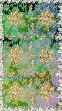 Geleneksel Arap dekoru yeşil renklerde. Duvar kâğıdı için altın süslü bir illüstrasyon. Çiçekli süslemeli, pürüzsüz bir desen. Doğu tarzında klasik tasarım öğesi. Süslü dantel iz sürücü.