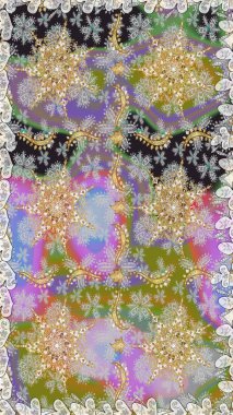 Altın antika ortaçağ dekoratifi, yapraklar ve gri renkli altın desenli süslemeleri olan pürüzsüz bir şablon. Kusursuz kraliyet lüksü, altın barok kumaş rengi..