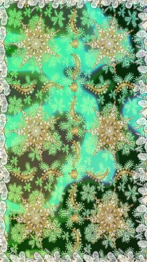 Noel, kar tanesi, yeni yıl. Yeşil renklerde ve altın elementlerle kusursuz klasik desen. Yeşil renklerdeki altın desenli altın elementler.