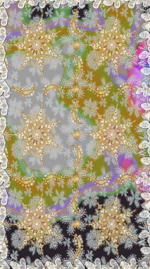 Raster illüstrasyonu. Gri renklerde ve altın elementlerle klasik, pürüzsüz desen.