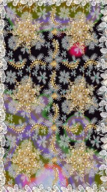 Damask pürüzsüz süsü. Klasik oryantal desen gri renklerden üstündür. Geleneksel raster ve altın desen.