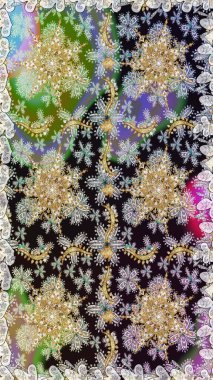 Gri renklerdeki altın element. Davetiyeler, kartlar, web sayfası için Raster illüstrasyon. Altın desenli çiçek dekoru. Çizgi sanatı tasarım şablonu için kusursuz sınır. Doğu tarzı ögesi.