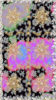 Dekoratif simetri arabesk. Gri renklerde altın. Doğum günü kartı, davetiye ya da afiş için iyidir. Kusursuz ortaçağ çiçek deseni. Raster illüstrasyonu.