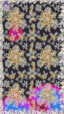 Gri renklerde ve altın elementlerle. Kusursuz altın desenli bukleler. Raster illüstrasyonu. Doğu tarzı arabesk. Parlak dantel, stilize çiçekler, şal desenli. Zarif altın deseni aç.